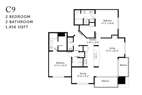 Floor plan for 2 beds, 2.5 baths, 1576 sqft